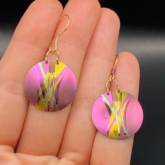 HOLLY YASHI Earrings Niobium Round Circle Pink Gold Blue Dangle Drop Signed - Picture 5 of 7